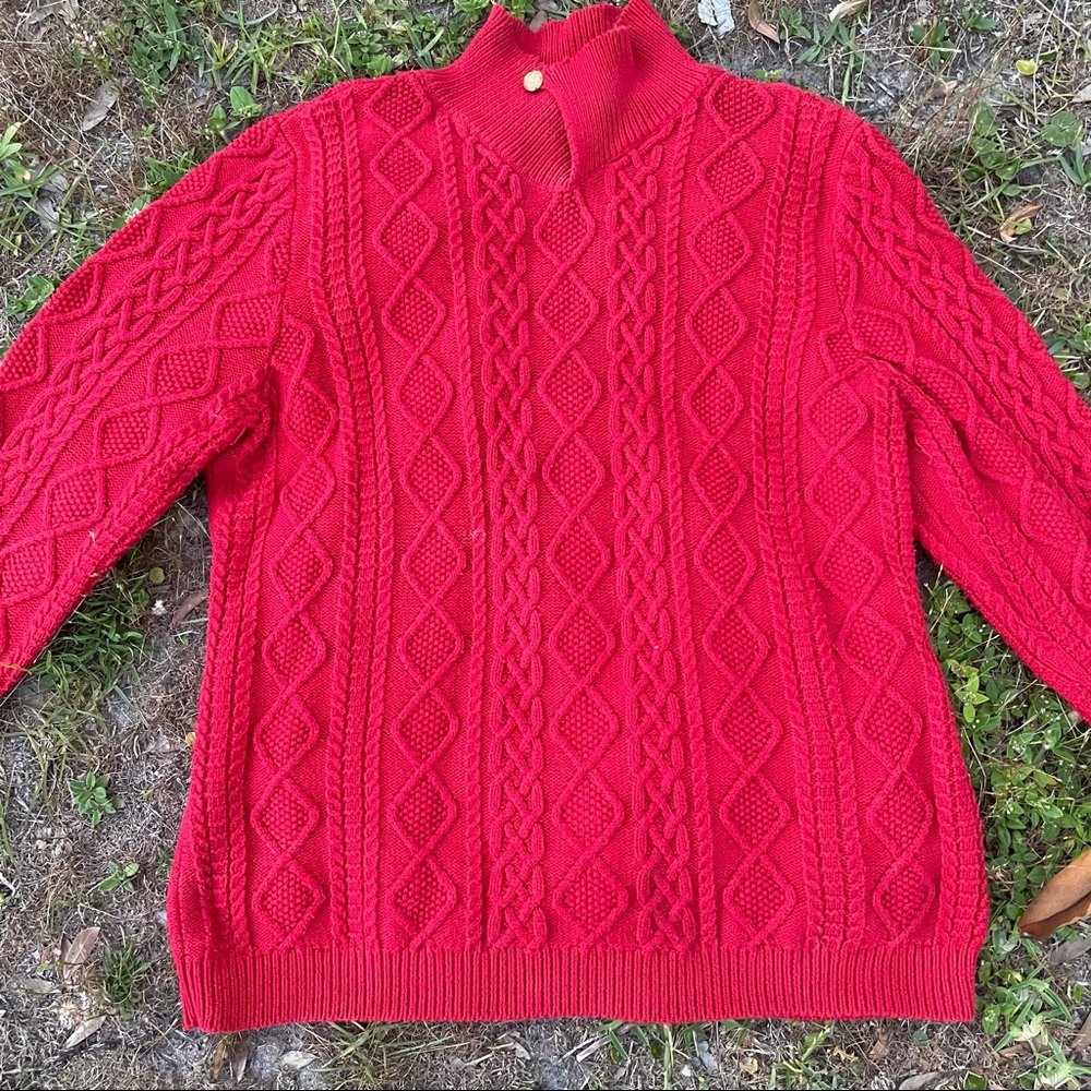 VTG LAUREN RALPH LAUREN Women Cotton Shawl Neck Fisherman Sweater Jumper XL Red
